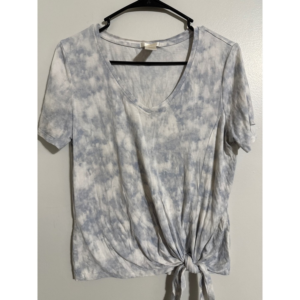 Matty M Women Blue White Tie Dye V-Neck Front Knot Short Sleeve Top Size S